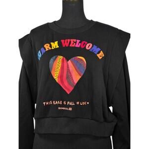 Farm Rio Warm Welcome Fleece Lined Heart Graphic Sweatshirt Black Size Large